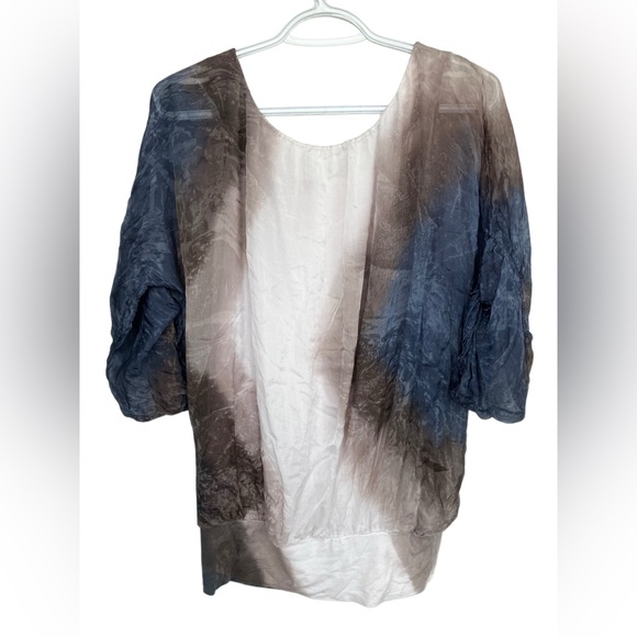 Made in Italy 100% silk long sleeve blouse tie dyed ombré blue brown white XS - Picture 2 of 10